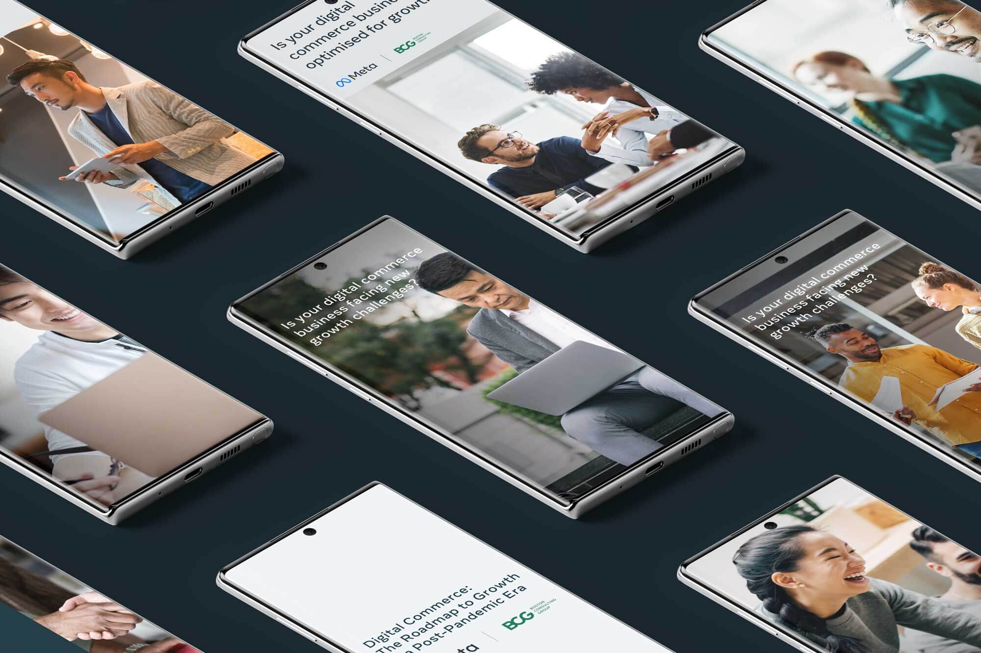 Meta x BCG | Digital Commerce: The Roadmap to Growth in a Post-Pandemic Era advertisements and Instagram stories visualised on multiple mobile devices